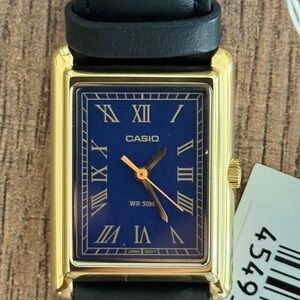 CASIO TANK GOLD WATCH BLACK LEATHER WRISTBAND